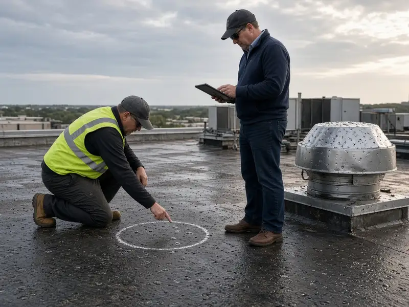A roofer pointing out hail marks on a flat commercial roof while a property manager takes notes on a tablet