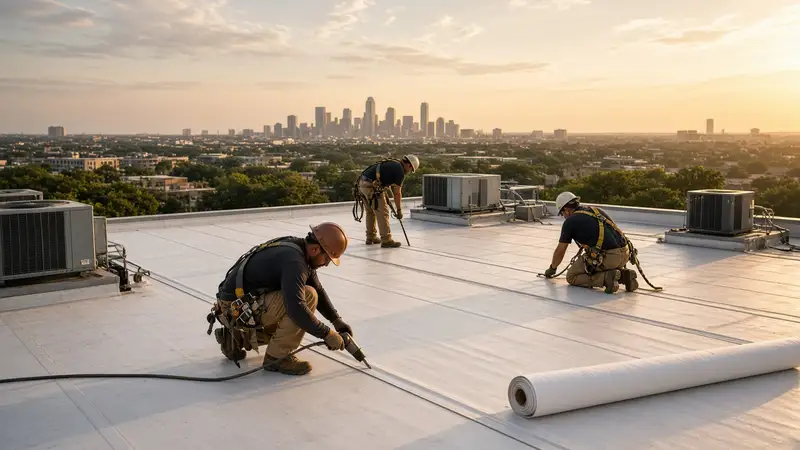 Roofing crew installing white TPO membrane on a flat apartment roof at golden hour, city skyline behind