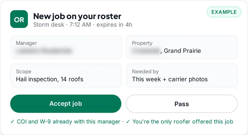 Example job card: new job on your roster, hail inspection on 14 roofs in Grand Prairie, needed this week with carrier photos, with Accept job and Pass buttons. Manager name hidden.