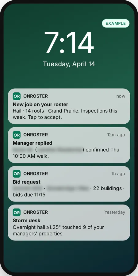 Example phone lock screen with OnRoster notifications: new job on your roster, hail on 14 roofs in Grand Prairie, tap to accept; a manager confirmed a Thursday walk; a bid request for 22 buildings. Names hidden.