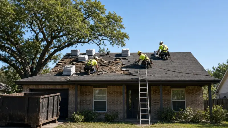 Roofing crew replacing asphalt shingles on a single-story brick rental house in a Texas suburb