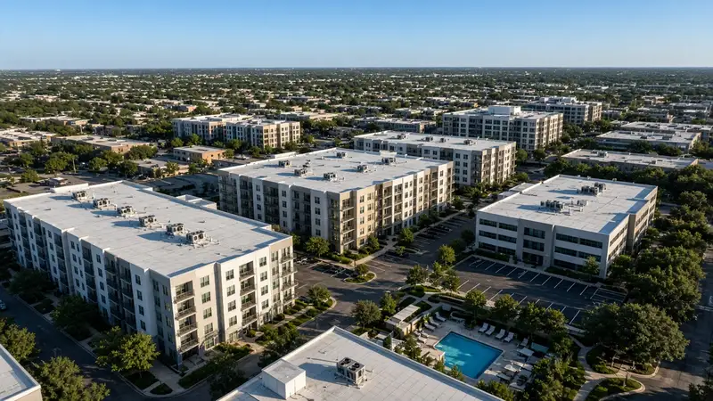 Aerial view of mid-rise apartment and office buildings with flat white roofs in a Texas suburb